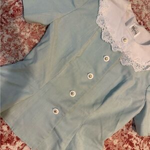 Vintage Mint/Sage Green and white button-up blouse with lace collar